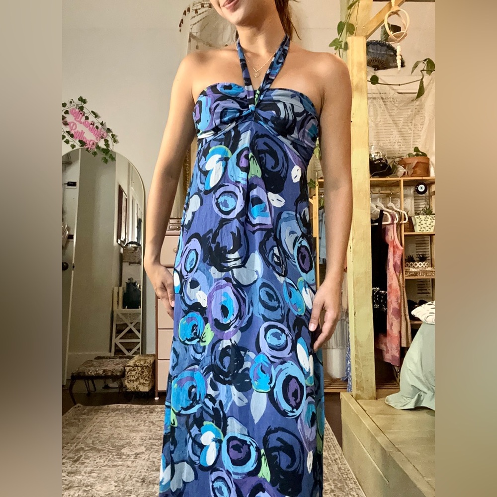 blue floral halter maxi dress